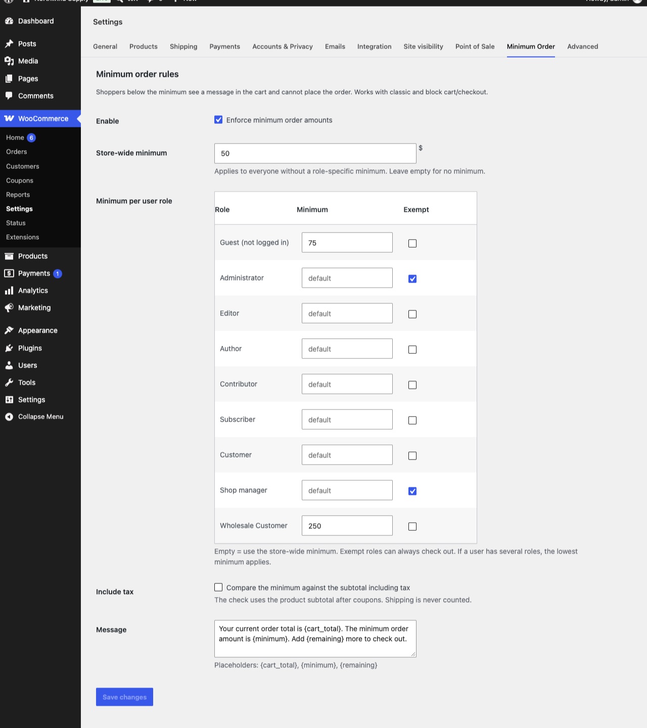 Minimum order settings with a store-wide minimum and per-role minimums